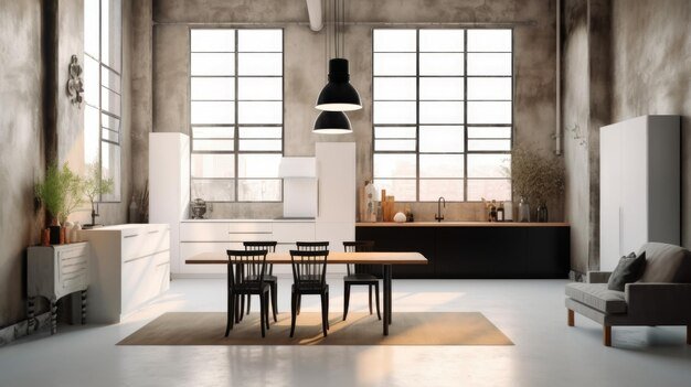 modern-high-ceiling-kitchen-with-dining-table-cooking-space-near-panel-window-loft-style-generative-ai-aig27_31965-189381