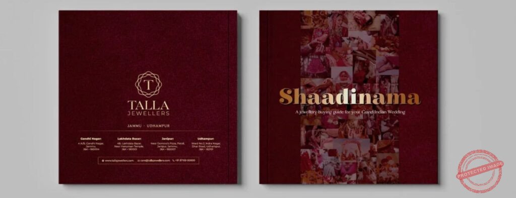 Two burgundy jewelry booklets side by side: left shows TALLA JEWELLERS logo and contact details on a plain cover; right shows a collage cover with the title 'Shaadinama' in gold.