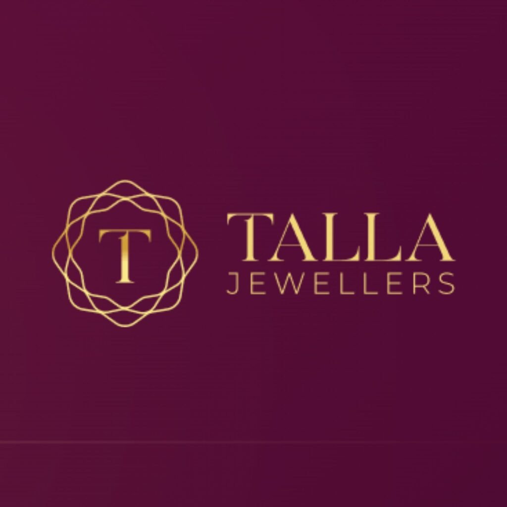 Logo for TALLA Jewellers featuring a gold geometric circular emblem on a dark maroon background.