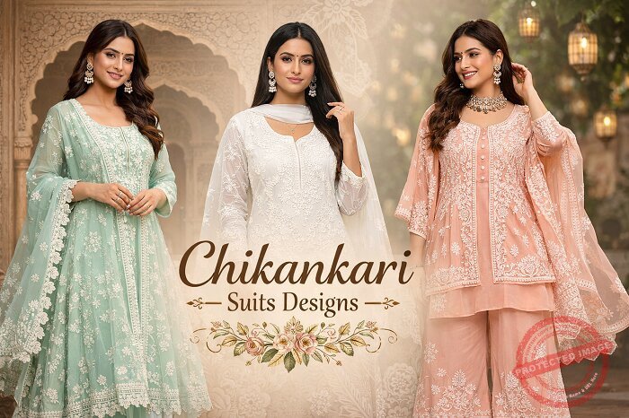 Three women in pastel Chikankari suits (mint, white, peach) posing; decorative text reads 'Chikankari Suits Designs'.