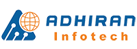 ADHIRAN Infotech logo featuring a blue globe with circuit lines and an orange 'infotech' text motif